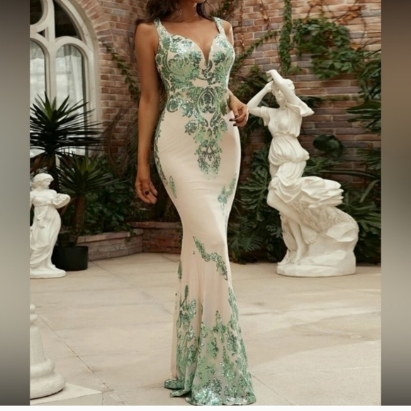 Green and Apricot Contrast Sequined Mermaid Maxi Gown